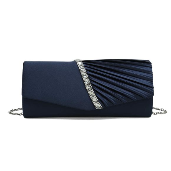 Evening Handbag Crystal Embellished Purse Pleated Satin Clutch Navy Blue >:) - Picture 1 of 7